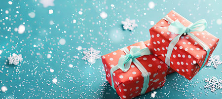 Red gifts with ribbons on snowy background. Concept of Christmas presents, holiday celebrations,...