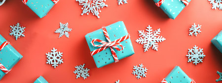 Blue gift boxes with red ribbons and snowflakes on a red background. Concept of Christmas, festive...