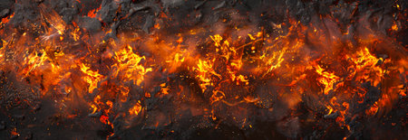 Abstract fiery art depicting intense flames and dark charred textures. Concept of fire, heat,...