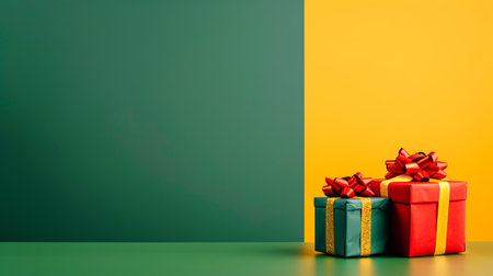Colorful gift boxes with ribbons on a green and yellow background. Concept of presents, celebration, holidays, festive decoration. Banner. Copy space.の写真素材