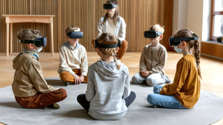 Kids with virtual reality headsets in a classroom. Concept of VR education, technology in schools, immersive learning.の写真素材