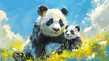 Oil painting of a panda mother and cub in a meadow. Colorful and vibrant nature scene. Concept of wildlife, family, and art. Perfect for decorative and nature-themed content.の写真素材