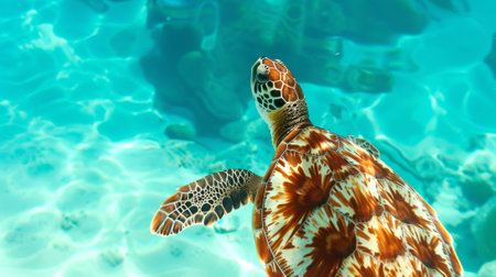 Green sea turtle swimming in crystal clear ocean water. Concept of marine life, wildlife, sea turtle, tropical aquatic life.の写真素材