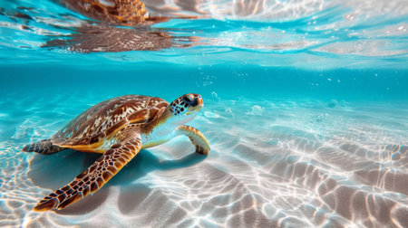 Sea turtle swimming in clear turquoise water. Marine life with sunlit underwater scene. Concept of ocean wildlife, nature, and tranquility.の写真素材