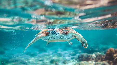 Green sea turtle swimming in crystal clear ocean water. Concept of marine life, wildlife, sea...