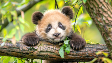 Adorable baby panda climbing a tree branch. Cute panda cub in its natural habitat. Concept of wildlife, cuteness, and conservation. Perfect for nature and animal themes.の写真素材