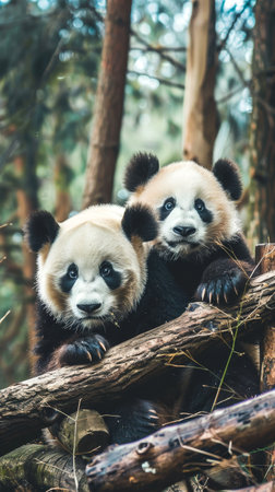 Close-up of a Giant Panda and a Baby Panda in a Forest. Concept of wildlife, animal family, endangered species, nature. Vertical.の写真素材