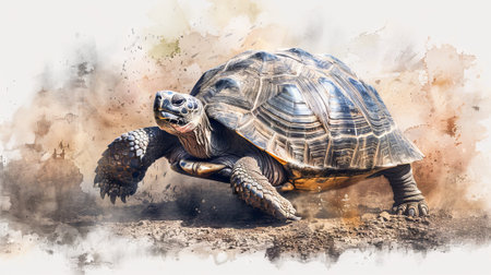 Artistic illustration of a turtle with watercolor splashes. Detailed tortoise artwork with abstract background. Concept of wildlife art, creativity, and nature. Suitable for decorative and artistic use.の写真素材