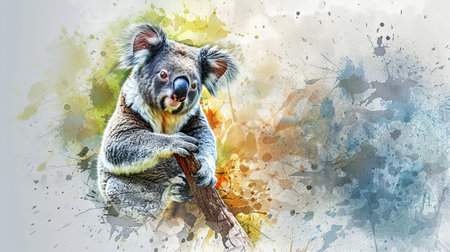Watercolor art of a koala holding a branch on an abstract aquarelle background. Concept of wildlife, nature, painting, animal illustration. Copy space.の写真素材