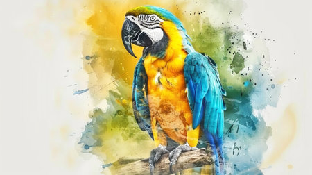 Colorful parrot with tropical palm trees on watercolor background. Concept of exotic bird, nature, parrot art, tropical illustration.の写真素材