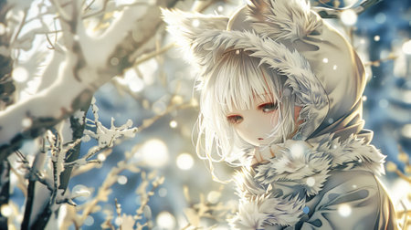 Sad girl with white hair in a winter forest wearing a furry hood with ears. Melancholic expression...