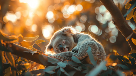 Cozy koala sleeping on a tree branch in a sunny forest. Concept of wildlife animal, nature, tranquility, fauna, wilderness. Cute koala joey.の写真素材