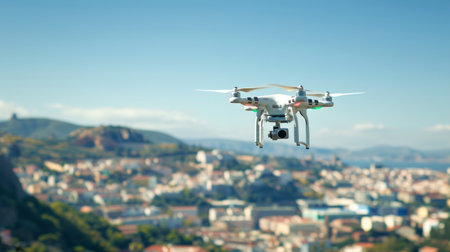 Drone delivering package over city in daylight. Concept of aerial delivery, urban logistics, drone...