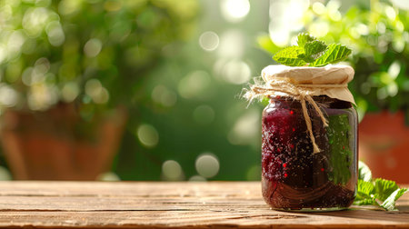 Jar of blackberry or raspberry jam on a wooden table in sunlight. Homemade preserves in a natural...