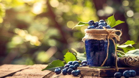 Glass jar of homemade blueberry jam with fresh blueberries on wooden table outdoors. Concept of organic food, preservation, healthy eating, rustic lifestyle. Copy space.の写真素材