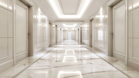 Modern luxurious hotel hallway with marble floors and elegant lighting. Concept of architectural design, interior opulence, hospitality, spacious corridor..の写真素材