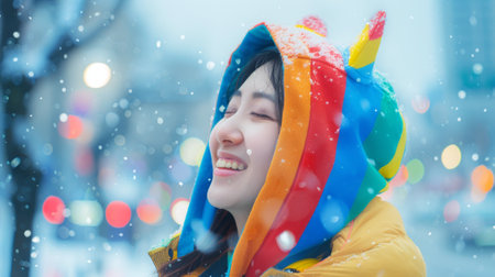 Asian woman with a rainbow hat smiling in the snow. Concept of winter joy, colorful fashion, urban happiness, and snowy day.の写真素材
