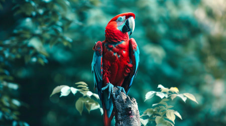 Vibrant red and blue parrot perched on a branch. Concept of exotic bird, wildlife, tropical nature, avian, macaw.の写真素材