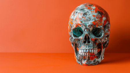 Vividly Painted Skull on an Orange Background. Concept of Halloween Decor, Day of the Dead, Artwork Skull Design. Copy space.の写真素材