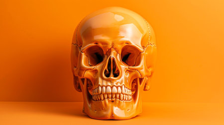 Orange skull in a vibrant background. Concept of anatomy, human bone structure, medical study, vibrant art, Halloween Decor, Day of the Dead.の写真素材