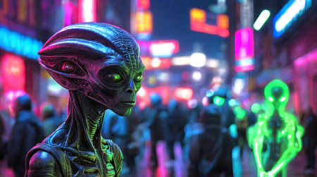 Alien with glowing green eyes in a neon-lit city among people. Extraterrestrial being among urban lights. Concept of alien presence, neon cityscape, science fiction, urban environment.の写真素材