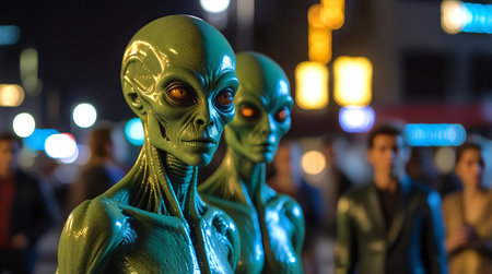 Aliens with glowing eyes in an urban area among people. Extraterrestrial beings blending into the city at night. Concept of alien presence, urban environment, science fiction, nightlife.の写真素材