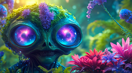 Alien with large glowing eyes among vibrant flowers. Extraterrestrial creature in a colorful garden. Concept of alien life, nature, science fiction, botanical fantasy.のeditorial素材