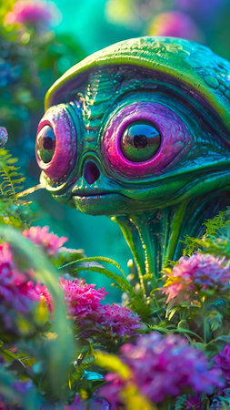 Cute alien with large eyes surrounded by purple flowers in lush landscape on a futuristic alien...