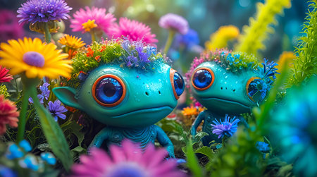 Cute aliens with large eyes surrounded by purple flowers in lush landscape on a futuristic alien...