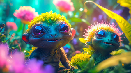 Adorable aliens with large eyes surrounded by purple flowers in lush landscape on a futuristic alien...