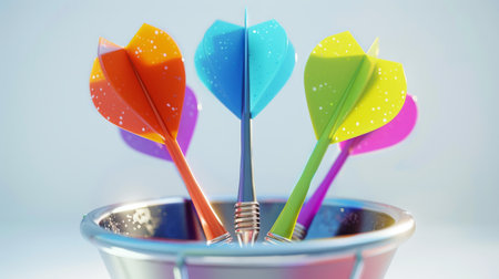 Colorful darts in a sparkling metallic dartboard. Concept of precision, target practice,...
