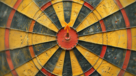 Dartboard with orange dart hitting the bullseye. Concept of target, precision, accuracy, focus, competition.の写真素材