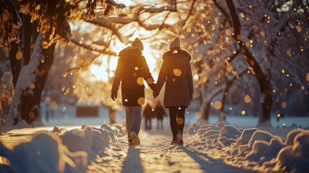 Snowy winter scene of a couple holding hands and walking together in a sunlit park. Concept of winter, love, relationships, romance, and outdoor activities.の写真素材
