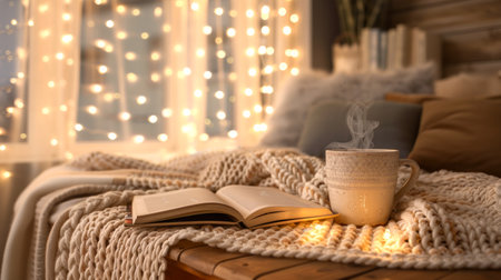Cozy scene with an open book next to a cup of hot cocoa and knit blanket by a lit Christmas tree. Concept of reading, winter, relaxation, festive season, Christmas.の写真素材
