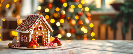 Festive gingerbread house with candy decorations and Christmas lights. Concept of holiday baking, festive dessert, Christmas decor, winter celebration. Banner. Copy space.の写真素材