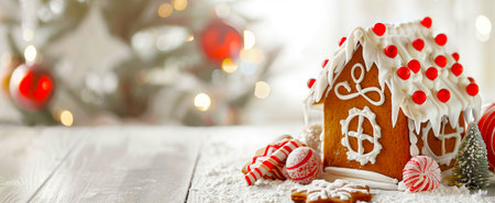 Festive gingerbread house with candy decorations in a winter wonderland. Concept of holiday treats, Christmas traditions, festive decor, seasonal sweets. Banner. Copy space.の写真素材