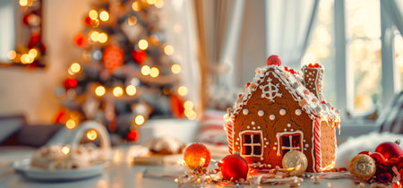 Festive gingerbread house with candy decorations in a winter wonderland. Concept of holiday treats, Christmas traditions, festive decor, seasonal sweets. Banner. Copy space.の写真素材