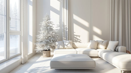Elegant snowy Christmas tree in modern living room by a large window. Concept of holiday decor, festive interior, winter celebration, cozy home design.の写真素材