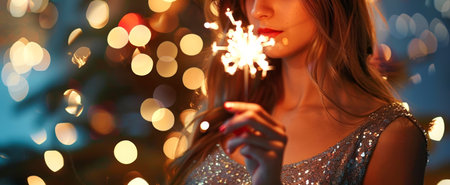 Woman holding a sparkling sparkler in a festive setting. Concept of celebration, holiday, evening gown, party atmosphere, Christmas, New Year.の写真素材
