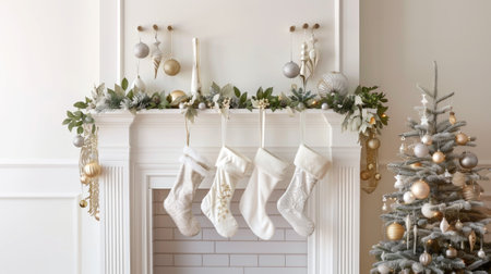 Christmas stockings hanging on a decorated fireplace mantel next to a Christmas tree. Concept of holiday decor, winter celebration, festive home design.の写真素材