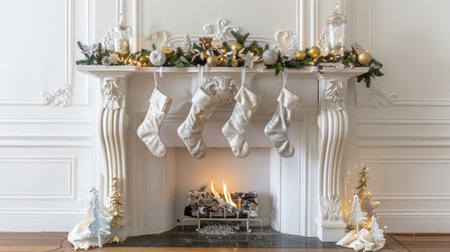 Christmas stockings hanging on a decorated fireplace mantel next to a Christmas tree. Concept of holiday decor, winter celebration, festive home design.の写真素材
