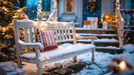 White bench with a red pillow covered in snow outdoors during the winter holiday season. Concept of festive decor, backyard winter scene, Christmas lights, holiday celebration.の写真素材