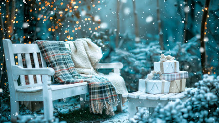 Festive scene with wrapped gift boxes and a plaid blanket on a bench in snowy winter. Concept of holiday celebration, Christmas season, winter wonderland, festive decorations.の写真素材