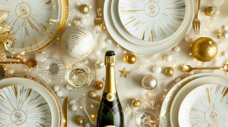 Elegant holiday table setting with champagne bottle surrounded by golden and silver decorations. Concept of festive celebration dinner, Christmas, New Year, party decor.の写真素材