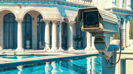 Surveillance camera overlooking a luxurious poolside area with classical architecture. Concept of security, monitoring, safety, property protection.の写真素材