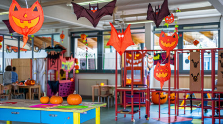 Halloween-decorated classroom with hanging paper bats and pumpkins. Concept of Halloween celebration, festive decorations, classroom party, spooky atmosphere, playroom for kids.の写真素材
