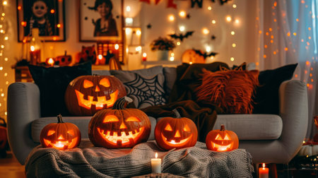 Cozy living room decorated for Halloween with glowing pumpkins and festive lights. Concept of autumn holiday, spooky decor, seasonal celebration, and cozy ambiance.の写真素材