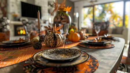 Autumn themed table setting with pumpkins and fall decorations. Concept of seasonal decor, holiday...