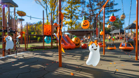 Halloween-themed playground decorated with pumpkins and ghost figure. Concept of festive decorations, childrens play area, spooky season, autumn celebration.の写真素材