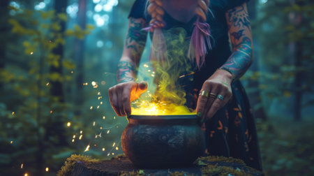 Tattooed woman making a magical potion in the forest. A witch brews a elixir in a cauldron. Concept...
